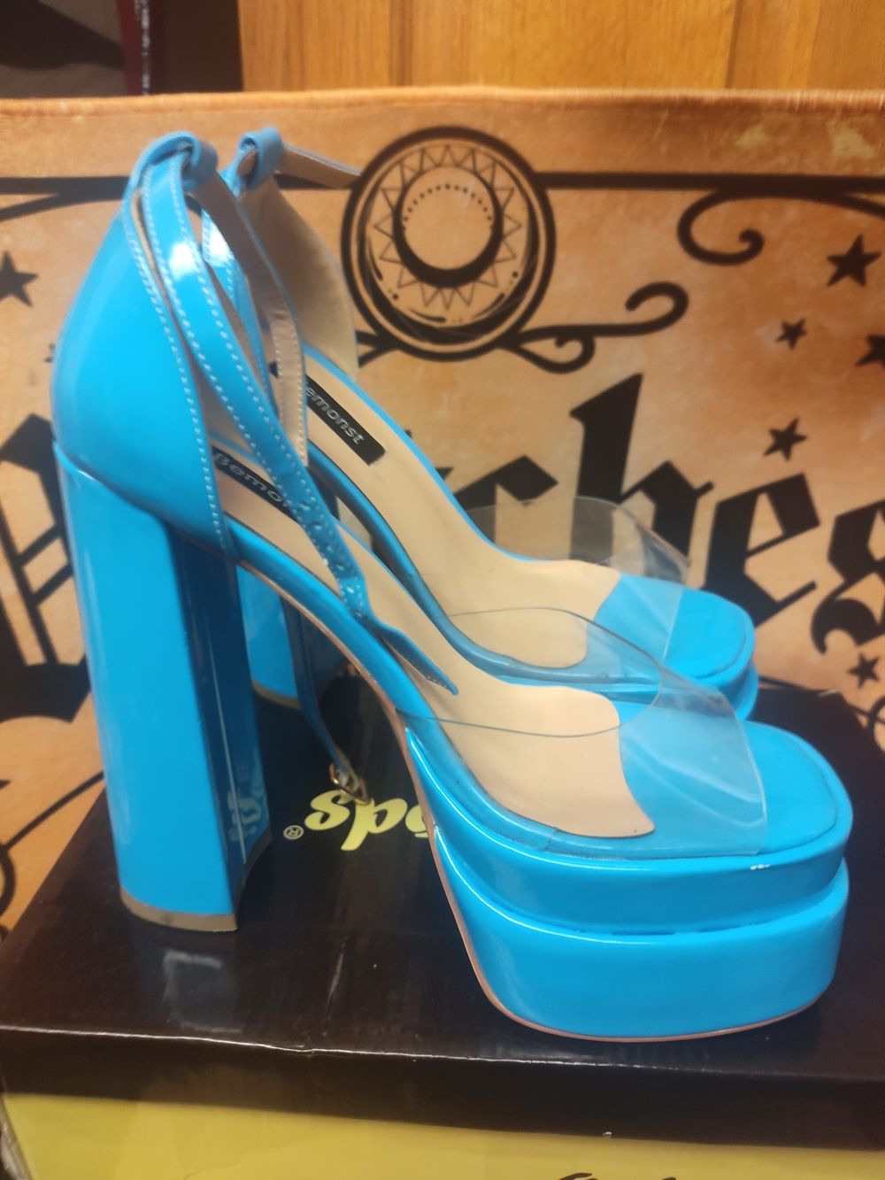 Chunky Platform Ankle-Strap Heels in Bright Blue